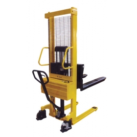 Combination hand pump and electric stacker is available with a maximum raised height of 118 inches.